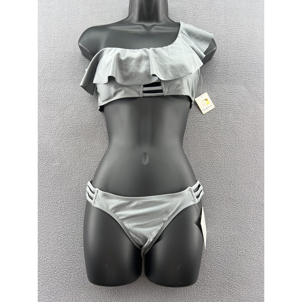 TiNiBiKiNi Bikini Set Womens Medium Shimmery Grey One Shoulder Ruffle NWT